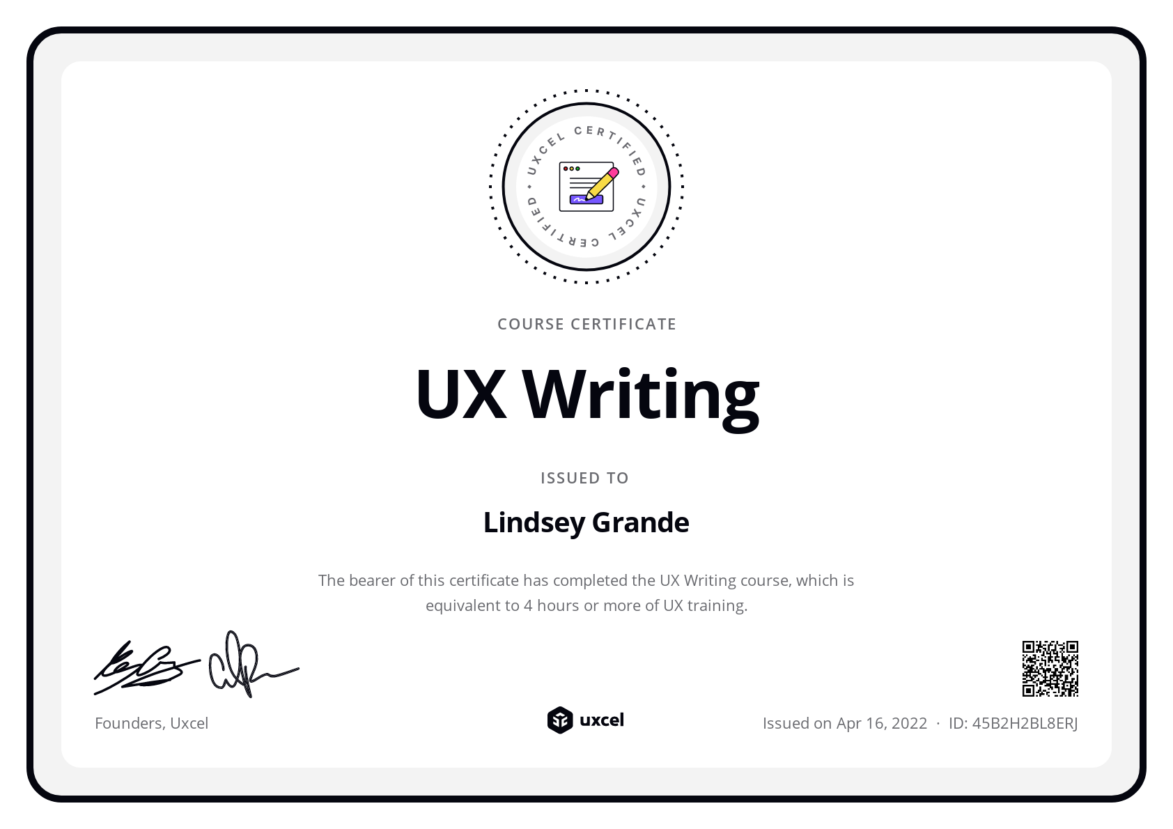 Lindsey Grande's certificate